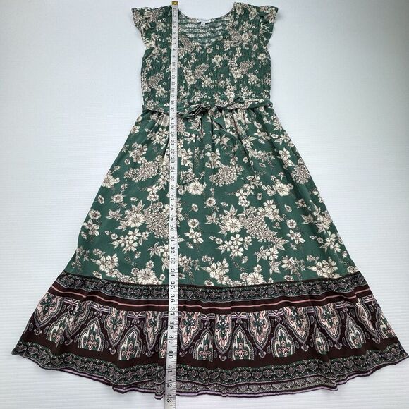 Luxology Green Floral Boho Midi Dress Large Smocked Top Tie Belt - Picture 9 of 9